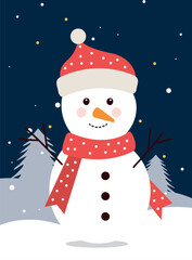 merry christmas snowman in winter landscape design - obrazy, fototapety, plakaty