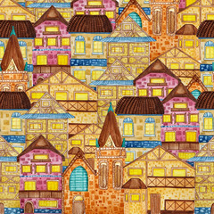 Obraz premium Background with watercolor hand drawn old european brick houses.