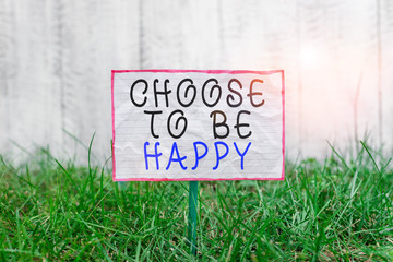 Text sign showing Choose To Be Happy. Business photo text Decide being in a good mood smiley cheerful glad enjoy Crumpled paper attached to a stick and placed in the green grassy land