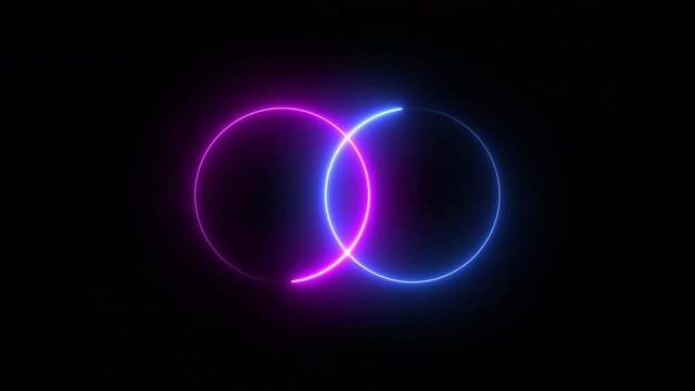 Two infinity glowing neon rings of colorful pink and purple circles intertwined and spinning - looped