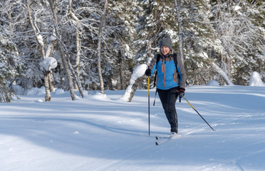 Woman cross country skiing