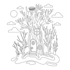Coloring image for kids. Fairytale house. Spring illustration with a tree house. Vector. Silhouette linear image for kids coloring