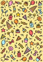 Happy birthday colorful doodle pattern with cake, candles, presents, baloons, stars and candies. Flat vector illustration