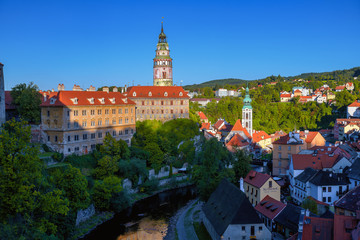 Beautiful view of church and castle in Cesky Krumlov, Czech republic