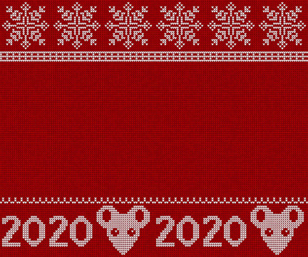 2020, mouse and snowflakes - knitted sweater New Year's pattern. Red knitted winter gumper texture, white snowflakes, mice and 2020 inscriptions. Temlate with free space in center.