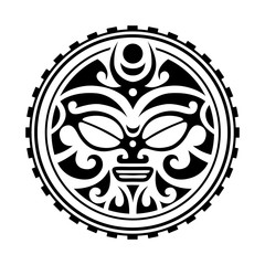 Maori style tattoo sketch. Round ornament with sun face 