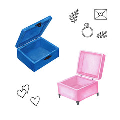 Watercolor illustration. Set of two caskets, jewelry boxes, storage of small things. Also hearts, ring, twigs for their decor. Open, empty, pink, blue, cute. For postcards, booklets.