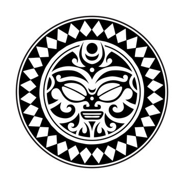 Maori style tattoo sketch. Round ornament with sun face 