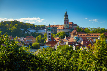 Beautiful view of church and castle in Cesky Krumlov, Czech republic