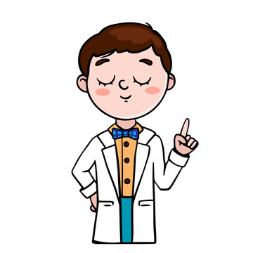  Doodle sketch boy in a white coat. Illustration of a chemist, biologist, doctor 