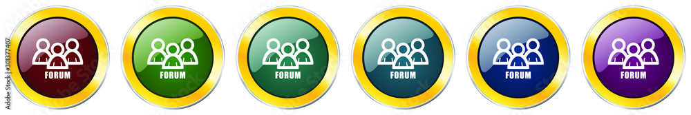 Aufkleber Forum glossy icon set, silver metallic golden vector illustrations in 6 options for web design and mobile applications
