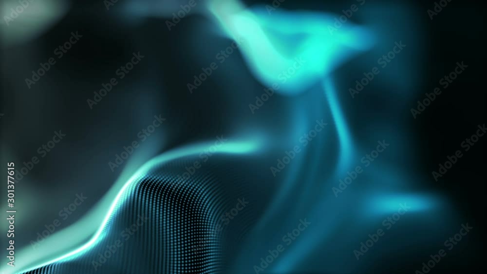 Poster fantasy blue textured abstract shape and light particles in organic motion. waving dots texture of d