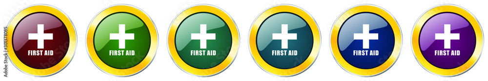 Aufkleber first aid glossy icon set, silver metallic golden vector illustrations in 6 options for web design a