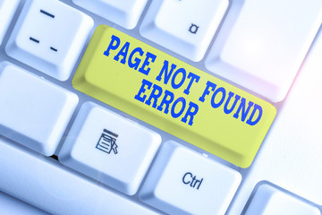 Text sign showing Page Not Found Error. Business photo text message appears when search for website doesnt exist White pc keyboard with empty note paper above white background key copy space