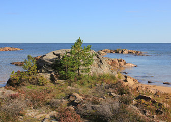 Fototapeta na wymiar View from Vita Sannar, Sweden. Landscape at the shore of Lake Vanern. Largest lake of Sweden.