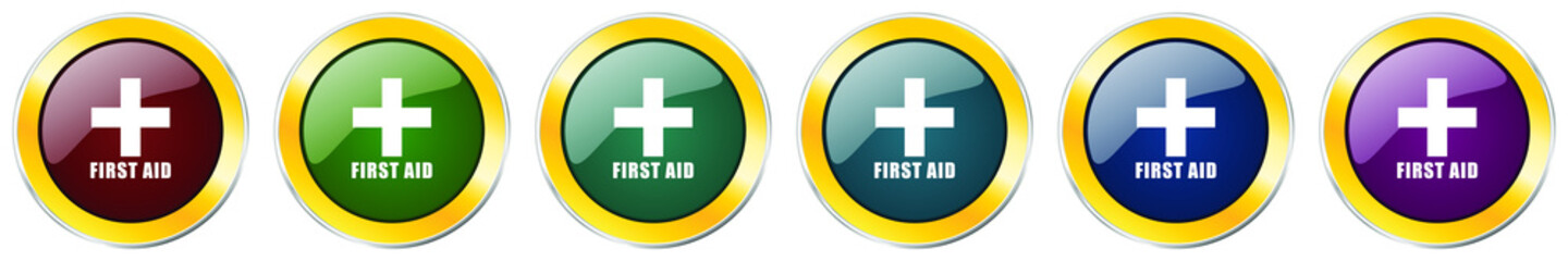First aid glossy icon set, silver metallic golden vector illustrations in 6 options for web design and mobile applications