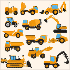 Set of construction machinery and equipment on a light background