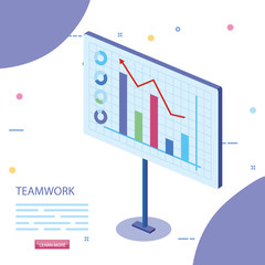 teamwork scene with statistics graphics vector illustration design