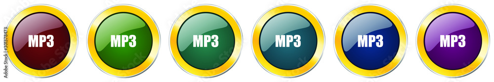 Aufkleber mp3 glossy icon set, silver metallic golden vector illustrations in 6 options for web design and mob