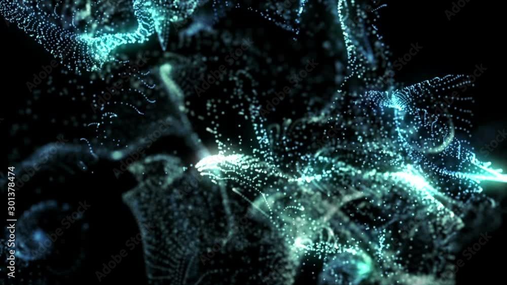 Poster fantasy blue textured abstract shape and light particles in organic motion. waving dots texture of d