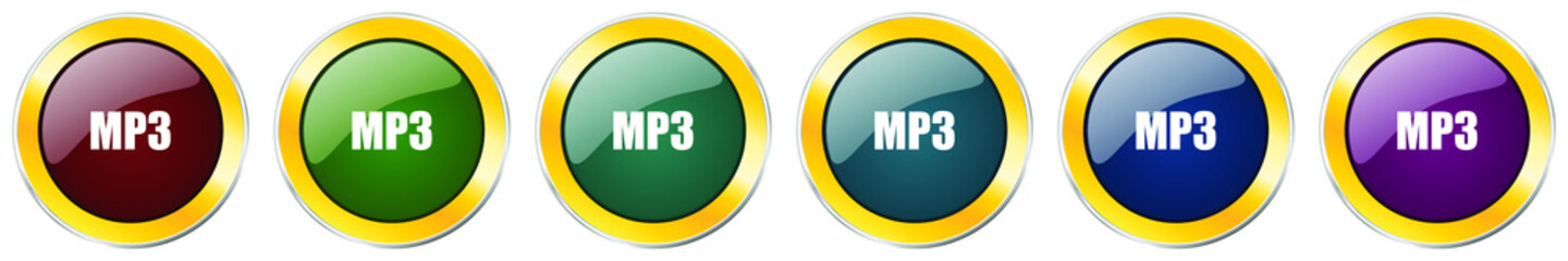 Mp3 glossy icon set, silver metallic golden vector illustrations in 6 options for web design and mobile applications