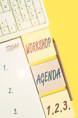 Text sign showing Workshop Agenda 123. Business photo text help to ensure that Event Stays on Schedule Empty papers with copy space on the yellow background table