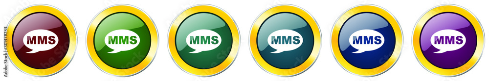 Aufkleber Mms glossy icon set, silver metallic golden vector illustrations in 6 options for web design and mobile applications