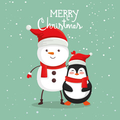 merry christmas poster with snowman and penguin vector illustration design