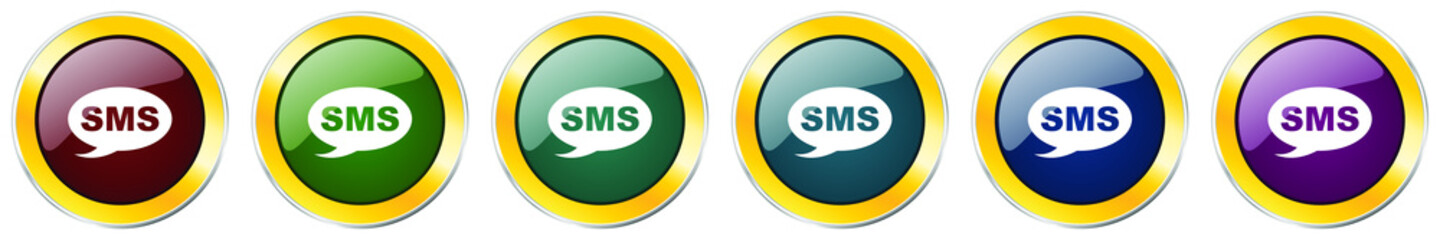 Sms glossy icon set, silver metallic golden vector illustrations in 6 options for web design and mobile applications