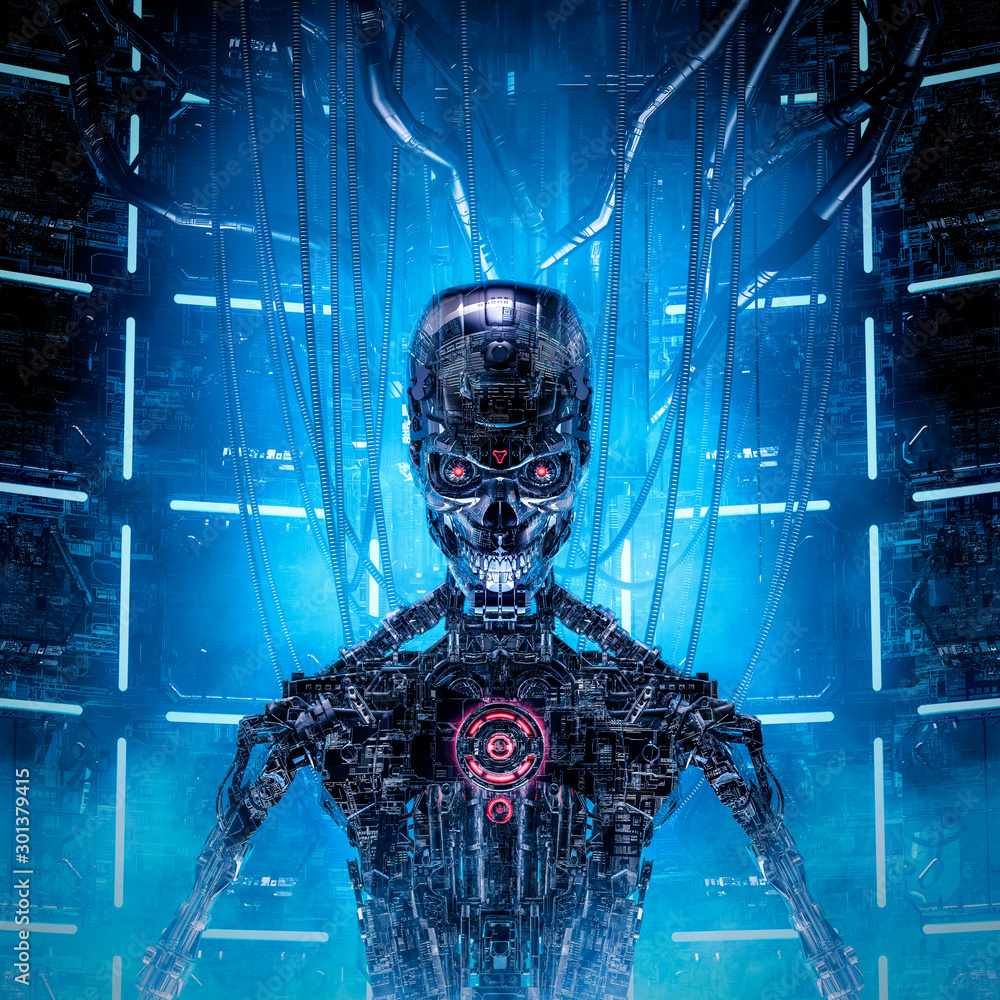 Wall mural deadly data core / 3d illustration of evil metallic science fiction artificial intelligence inside c