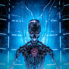 Deadly data core / 3D illustration of evil metallic science fiction artificial intelligence inside computer core © grandeduc