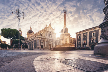 Catania Dome Square at the sunset and the famous landmark elephant fountain also know as 