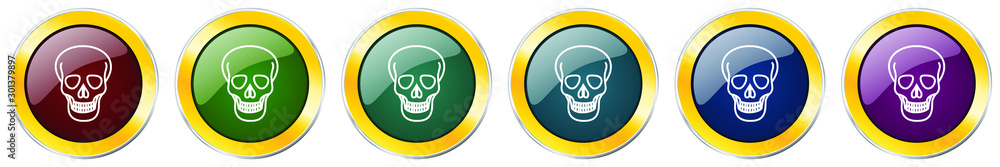 Aufkleber Skull glossy icon set, silver metallic golden vector illustrations in 6 options for web design and mobile applications