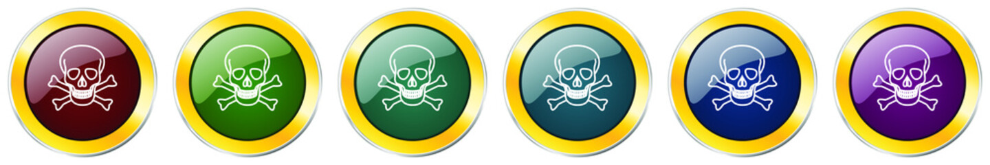 Skull glossy icon set, silver metallic golden vector illustrations in 6 options for web design and mobile applications