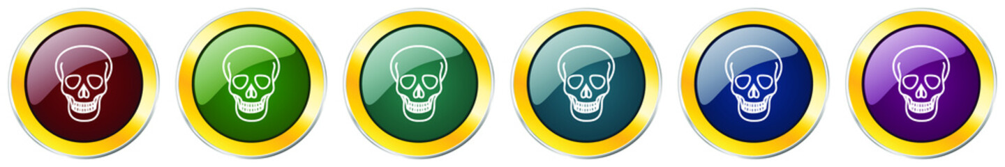 Skull glossy icon set, silver metallic golden vector illustrations in 6 options for web design and mobile applications