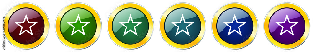 Aufkleber star glossy icon set, silver metallic golden vector illustrations in 6 options for web design and mo