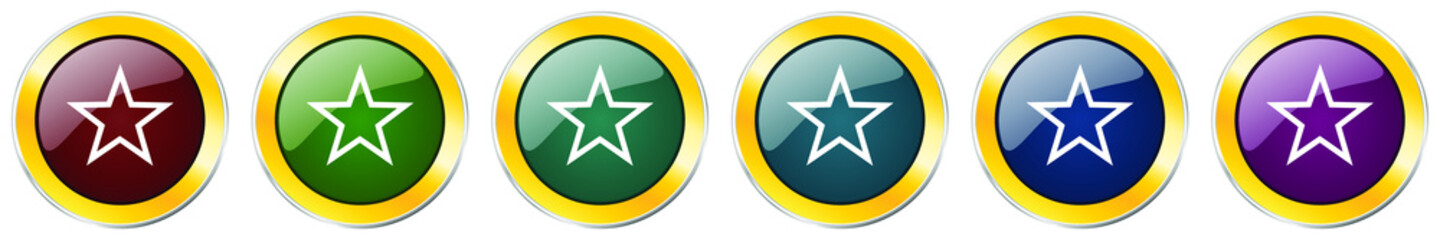 Star glossy icon set, silver metallic golden vector illustrations in 6 options for web design and mobile applications
