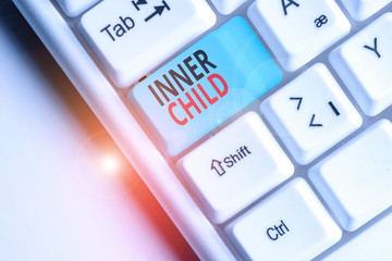 Writing note showing Inner Child. Business concept for the childlike usually hidden part of a demonstrating s is demonstratingality White pc keyboard with note paper above the white background