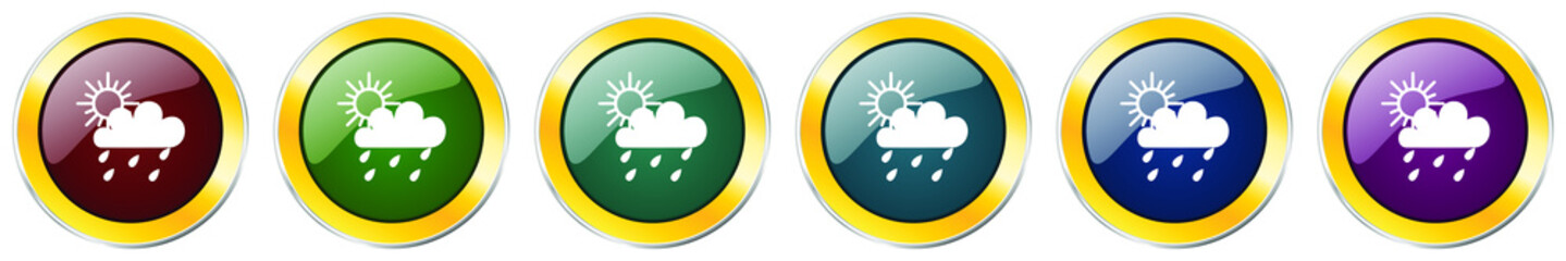 Rain glossy icon set, silver metallic golden vector illustrations in 6 options for web design and mobile applications