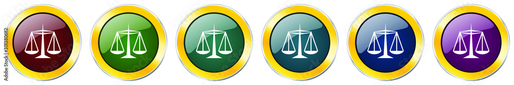 Poster justice glossy icon set, silver metallic golden vector illustrations in 6 options for web design and