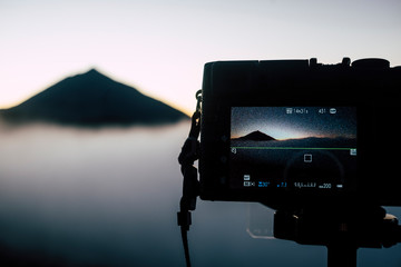 Close up of photography display camera showing beautiful landscape taken and exif of he pictures...