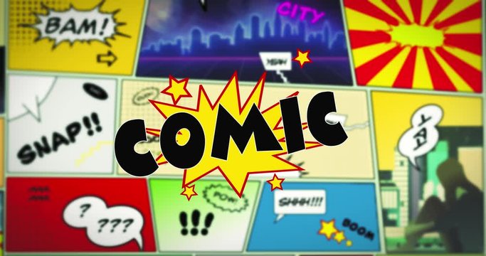 COMIC speech bubble text in the foreground of colorful comic strip