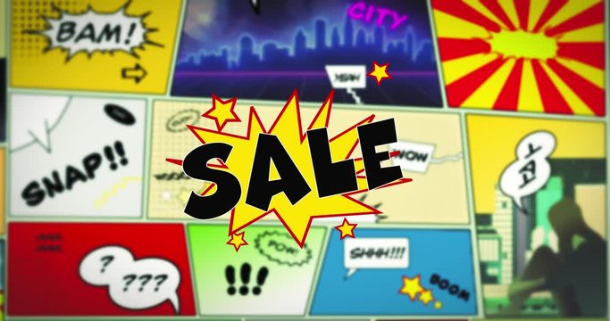 SALE speech bubble text in the foreground of colorful comic strip
