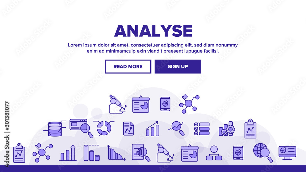 Poster analysing data vector thin line icons set. information analysis charts, diagrams linear pictograms. 