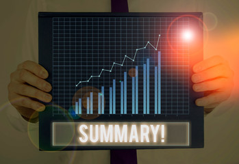 Text sign showing Summary. Business photo showcasing a brief statement or account of the main...