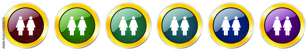 Poster couple glossy icon set, silver metallic golden vector illustrations in 6 options for web design and 