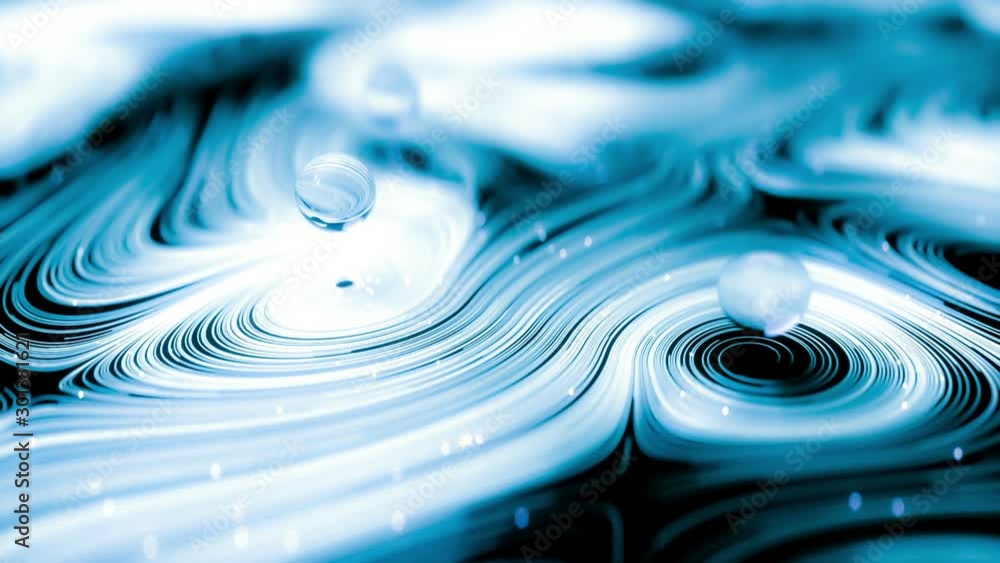 Poster animation of blue abstract curved lines and shapes evolving in spiral with glass spheres above them.