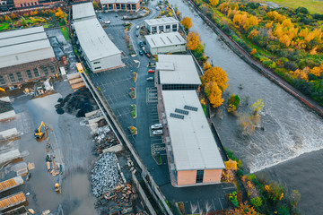 Aerial images of damage caused by the River Don, Sheffield, Yorkshire, UK bursting its banks in the...