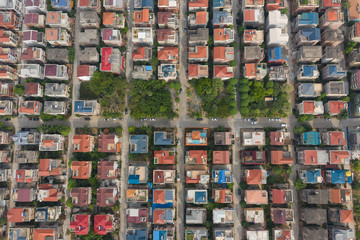 Aerial photographing neatly arranged colored houses, aerial view of the roof