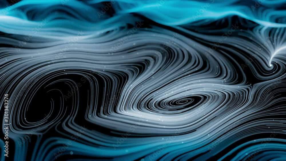 Poster animation of blue abstract curved lines and shapes evolving in spiral with small white particles fol